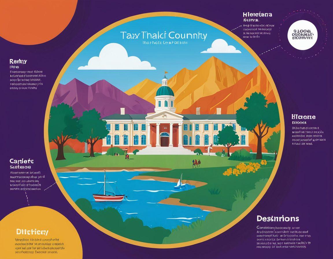 An informative and inviting layout showcasing the Riverside County landscape with a focus on local governmental buildings like the tax office. Include people interacting with officials, learning about tax services, and a pie chart overlay representing local revenue distribution. Incorporate symbols of community assistance like hands helping each other. Bright colors and clear details to enhance understanding. vector art. vibrant colors.