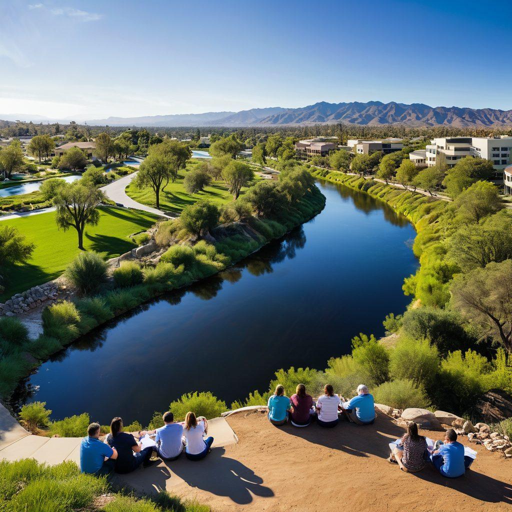 A panoramic view of Riverside County showcasing its natural beauty, with a winding river, lush green parks, and tax service buildings in the background. In the foreground, a diverse group of taxpayers engaging in a friendly conversation with tax consultants, surrounded by tax forms and helpful tips. Bright sunlight illuminates the scene, adding a warm and inviting atmosphere. vibrant colors. super-realistic.