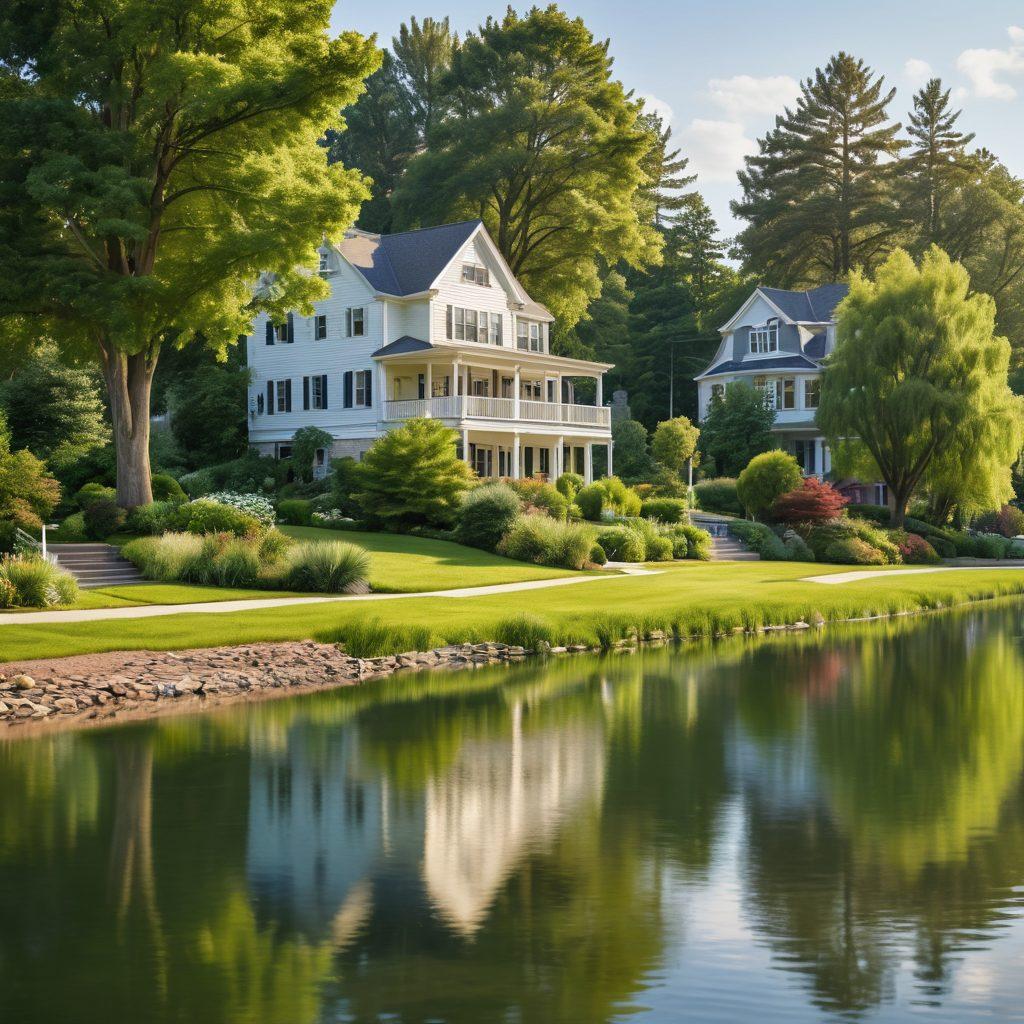 A serene Riverside landscape showcasing a beautiful home with a for-sale sign, overlaid with transparent tax forms and calculators. In the background, the city skyline hints at vibrant community life. Add elements like trees and rivers reflecting the sunlight to convey a sense of tranquility while navigating taxes. super-realistic. vibrant colors. white background.